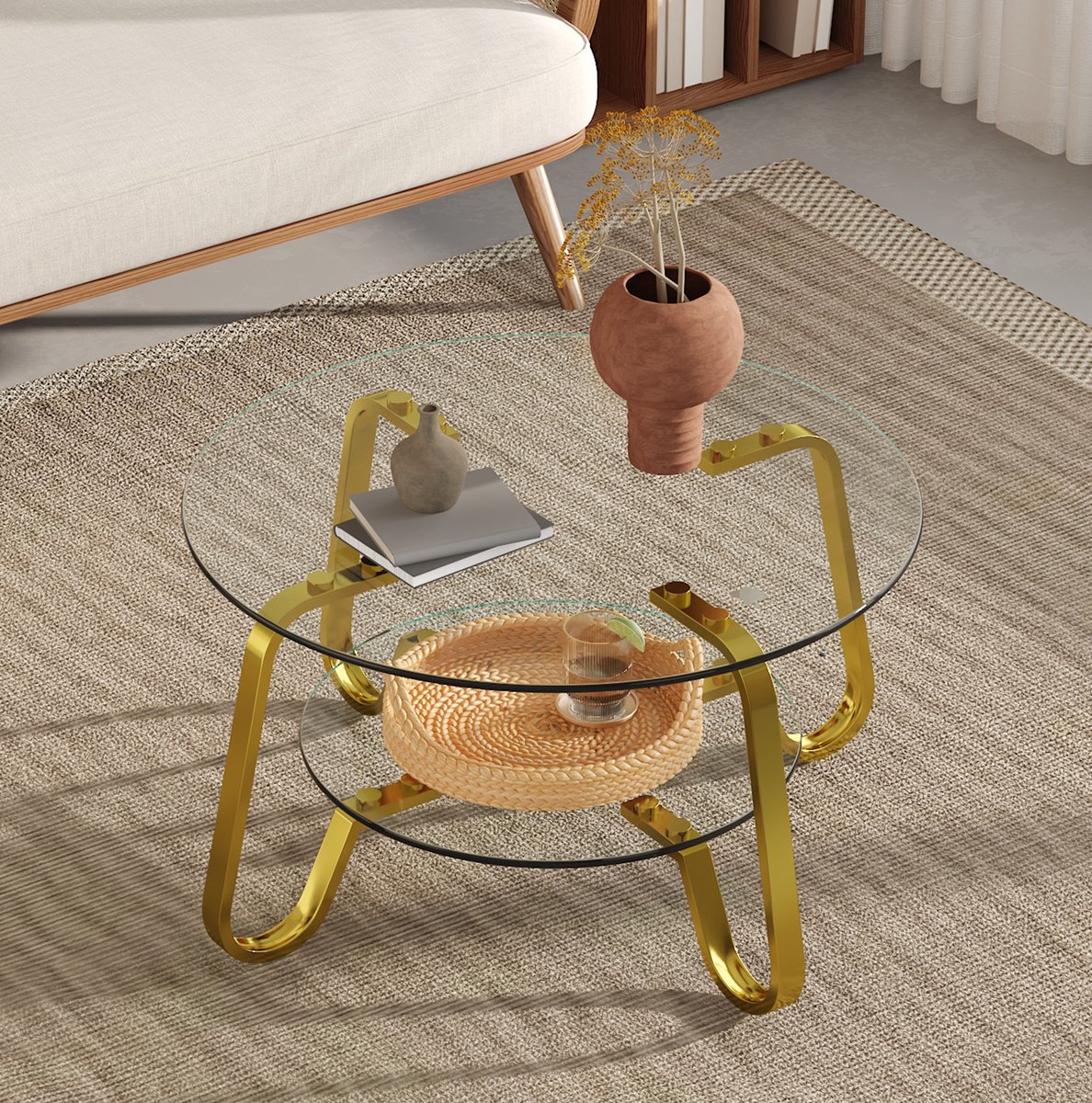 STILVORA Salontafel - Ronde Dubbele Glazen Tafel Met Open Opbergruimte - Voor Woonkamer - Metaal En Glas - 80x80x45 Cm - Goud