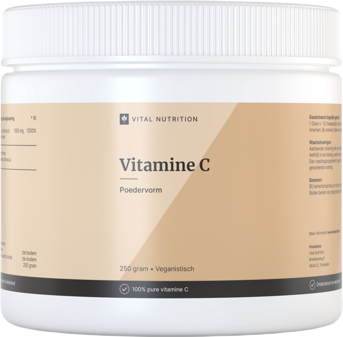 Vitamine C Poeder - 1000 mg Ascorbinezuur - 100% puur & zonder toevoegingen - 250 gram (250 doseringen) - Vital Nutrition