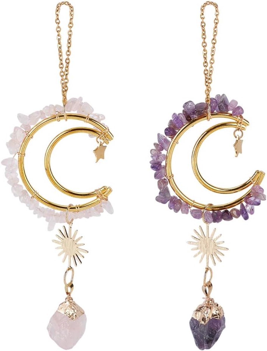 SnelShoppen - 2pcs Crystal Car Hanging Ornament Moon Gemstone Alloy Car Decoration voor Spiegels, Suncatcher, Lucky Charm voor Auto, Balkon, Wand en F