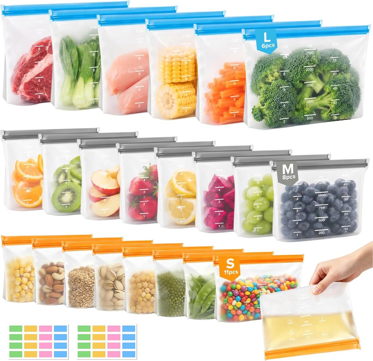 SnelShoppen - 25 Herbruikbare Vrieszakken met Staande Bodem, 3 Maten Siliconen Zakjes voor Levensmiddelen, Lekvrije Ritssluiting, Perfect voor Sandwic