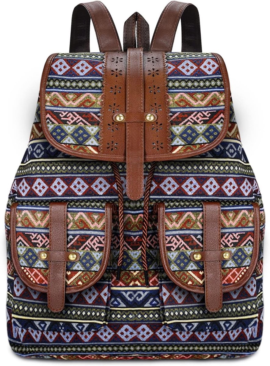 SnelShoppen - Rugzak Dames - Bohemian Hippie Backpack - Kleurvolle Multicolor Ethnic Rugzak - Ideaal voor A4, iPad - 40x30x16 cm - Perfect voor Vrije