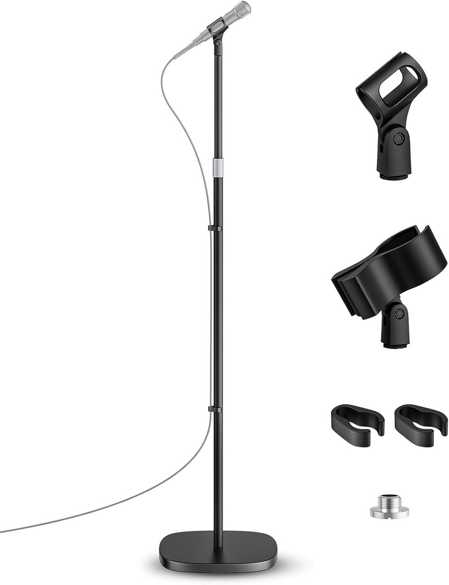 SnelShoppen - Microfoonstandaard Universeel Afneembaar met Compact Gewogen Basis, Hoogte Verstelbaar van 62 tot 67 Inch, 2 Universele Microfoonclips v