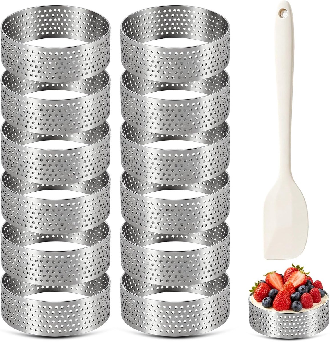 SnelShoppen - 12 stuks 6cm Dessert Ringen voor Mousse, Taartjes, Mini Pizzas en Muffins - Roestvrijstalen Perforated Cake Ringen met Spatel - Perfect