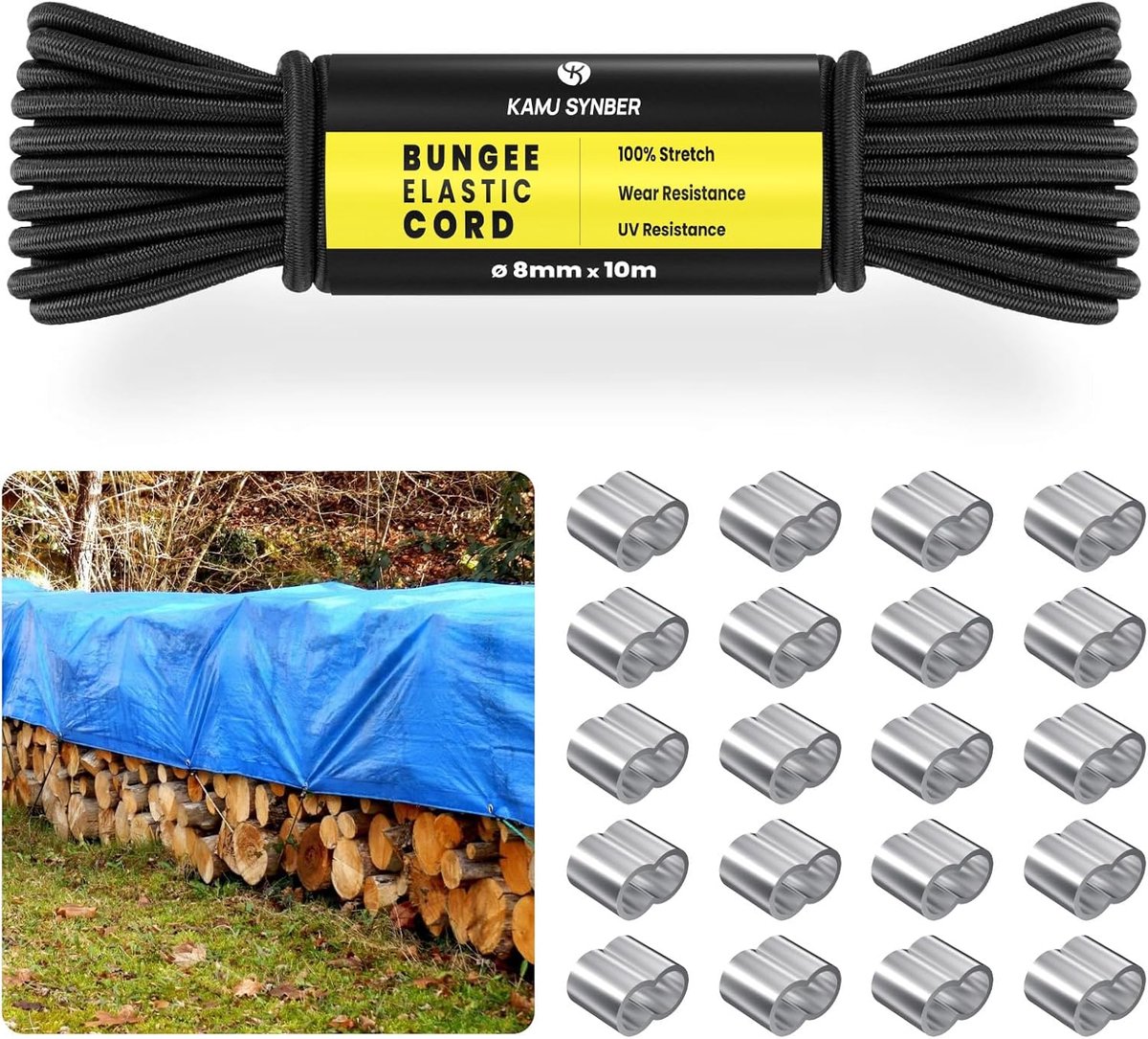 SnelShoppen - Rubber Rope 8mm x 10m Elastisch Koord met 20 Clips voor Camping, Tarpaulins, Kledinglijnen en Trailers - Zwart