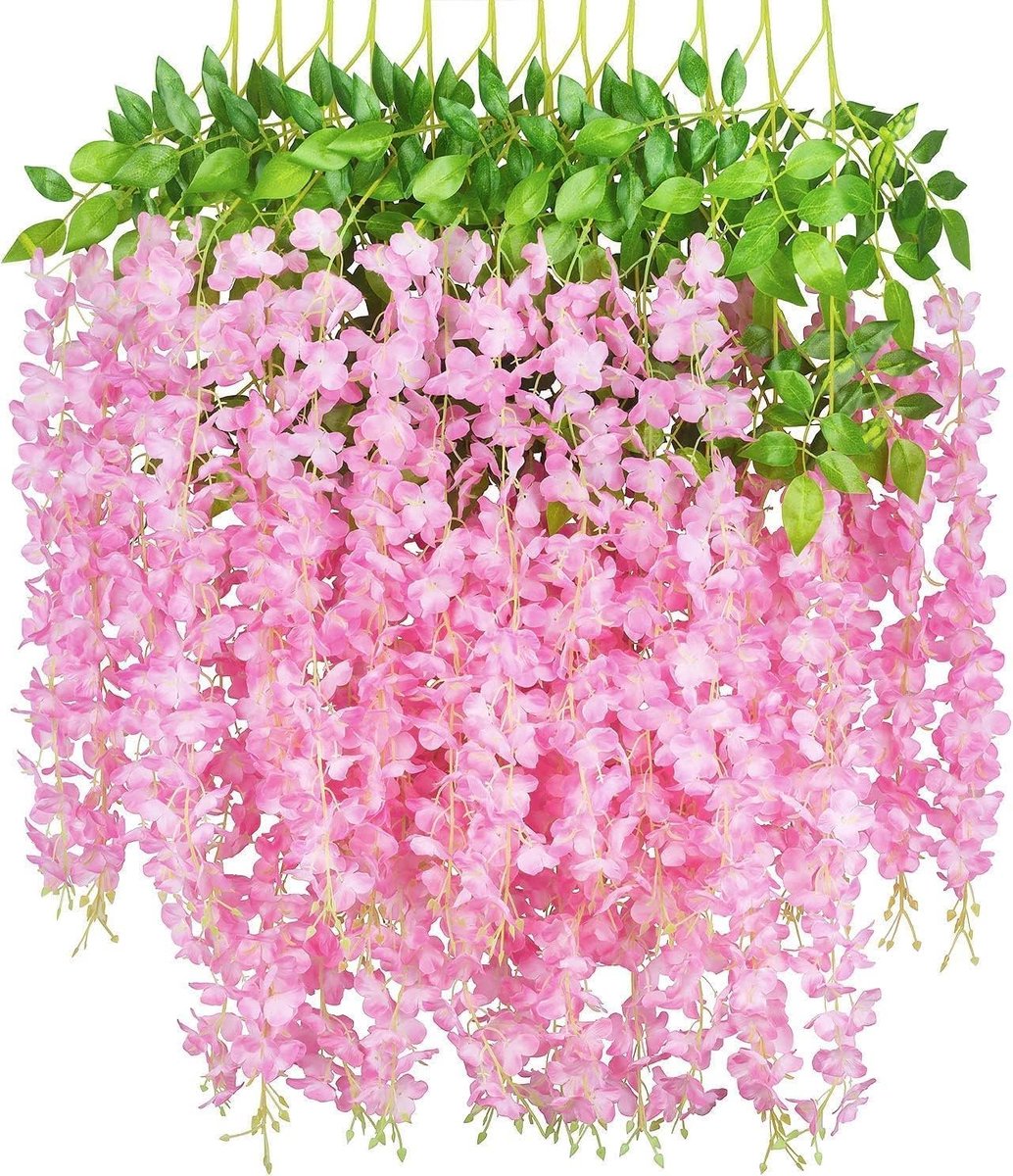 SnelShoppen - 12 Stuks Kunstmatige Wisteria Lianen 110cm, Lange Wandguirlandes met 3 Takken, Silk Bloemen voor Huis, Feest, Bruiloft en Decoratie (Roz