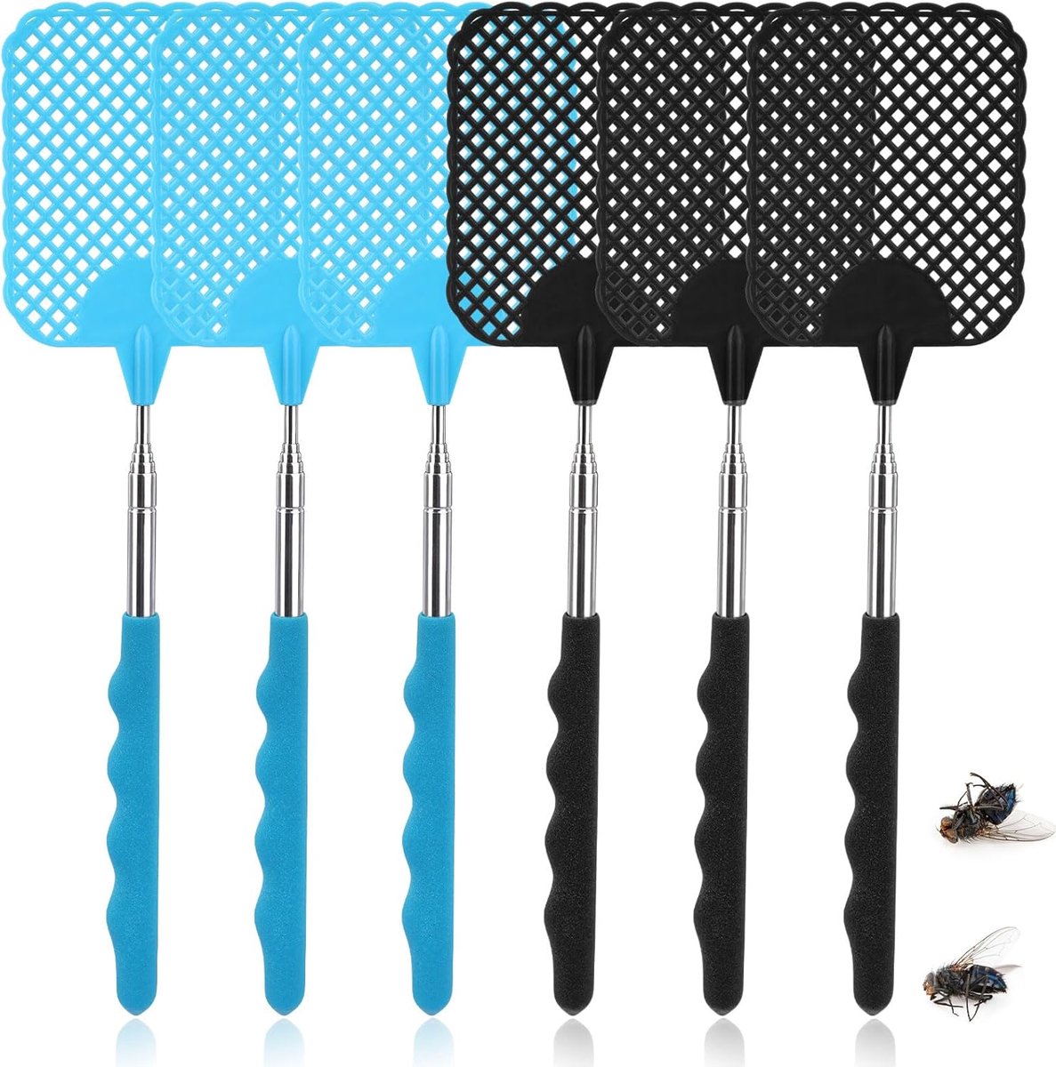 SnelShoppen - Pack van 6 Uitschuifbare Vliegenmeppers voor het Afstoten van Vliegen, Wespen, Muggen en Andere Insecten, Zwart en Blauw, Lichtgewicht A