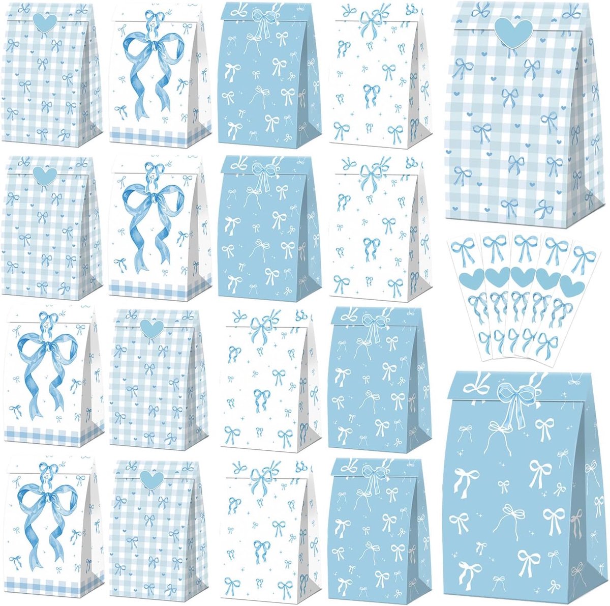 SnelShoppen - 20 Stuks Blauwe Strik Goodiezakjes - Papieren Zakjes met Strikstickers - Verjaardag, Babyshower, Bruiloft, Coquette Feestdecoraties