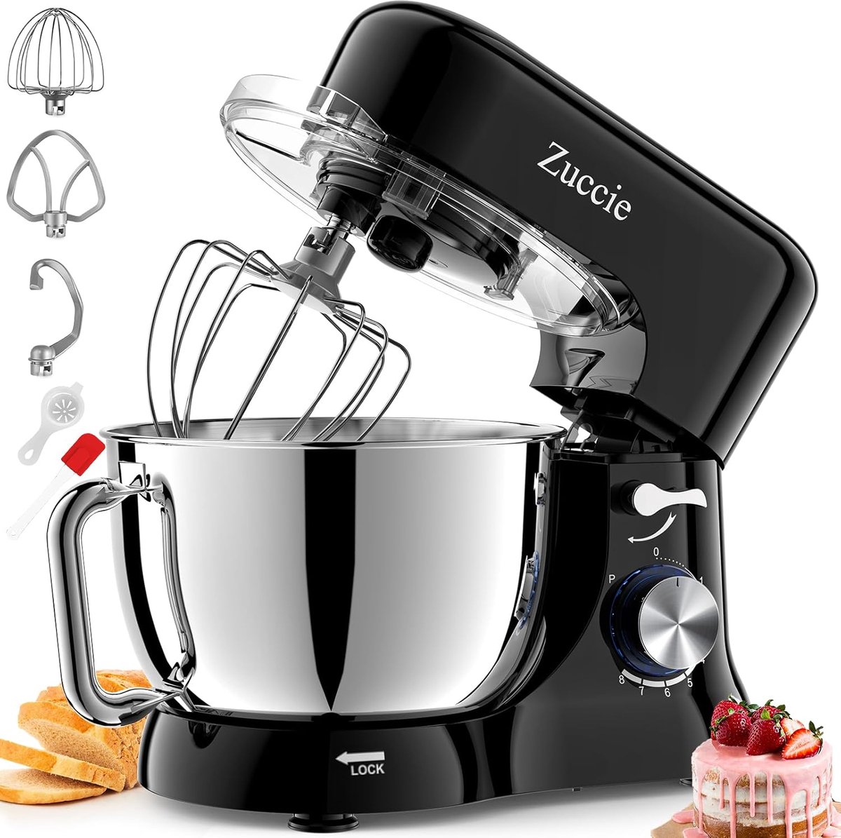 SnelShoppen - Food Processor Silent Stirring Machine met 5L RVS Kom, 3 Mengtools, Spatdeksel, Deegschraper en Eierscheider, 8 Snelheden, 1000W, Zwart