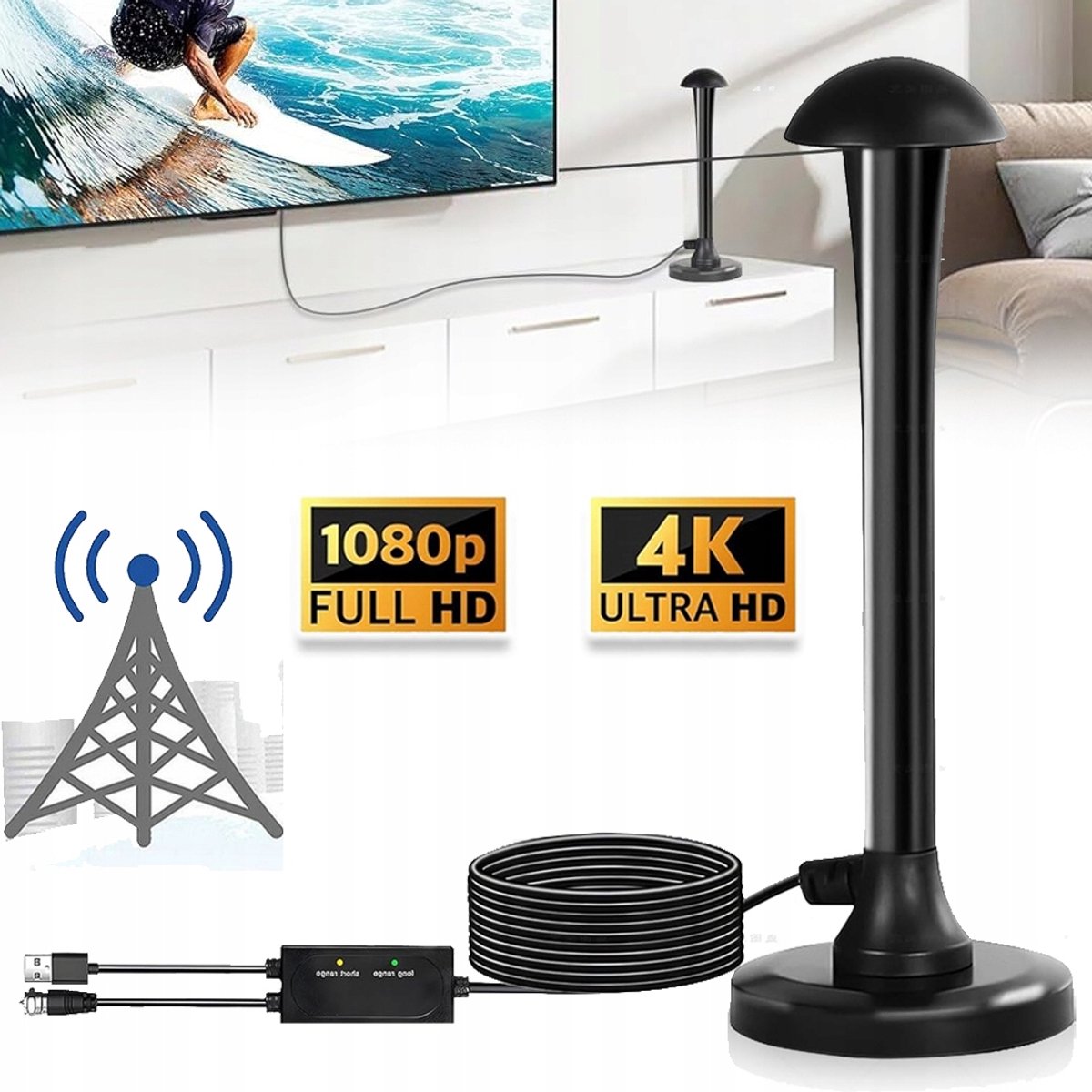 Binnenantenne Voor HDTV Met Smart IC En 5 Meter Kabel - Bereik Van 450 km 35 dB Boost Drievoudig Afgeschermd - 4K 1080p En FM-Radio Compact 15 cm - Zwart