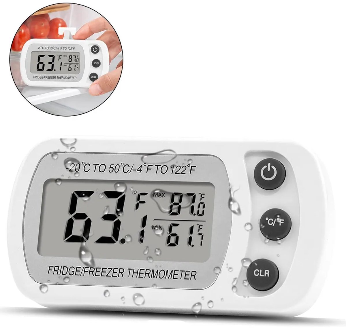 Digitale koelkastthermometer set (2 stuks), vriezerthermometer met lcd-display, waterdicht, magnetisch, Geschikt voor gebruik in de keuken en koelkast.