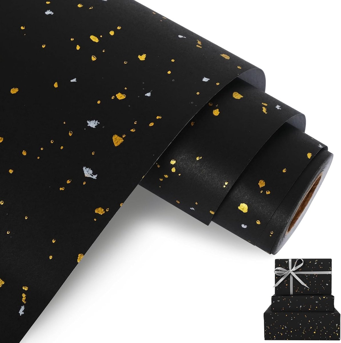 1 rol zwart inpakpapier - cadeaupapier - geschenkverpakkingpapier - zwart met goudfolie - geschikt voor Kerstmis, bruiloften, verjaardagen, feestdagen en andere gelegenheden - zelf inpakpapier om zelf te maken - zwart - 43 cm * 10 m