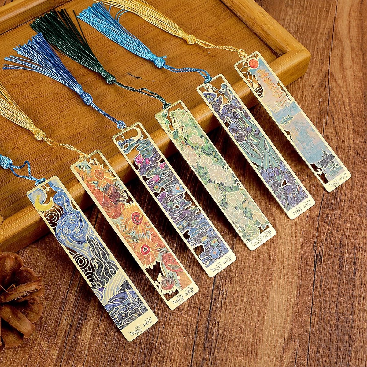 SnelShoppen - 6 Stuks Bloemige Metaal Boekenleggers met Tassel - Vintage Stijl Olieverfschilderij Design - Perfect voor Boekenliefhebbers, Vrouwen, Le