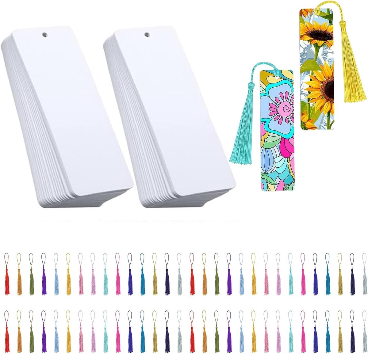 SnelShoppen - 60 Stuks Witte Papieren Boekenleggers met 60 Kleurrijke Tassels - DIY Boekenleggers met Gat voor Tassel - Perfect voor Creatieve Project
