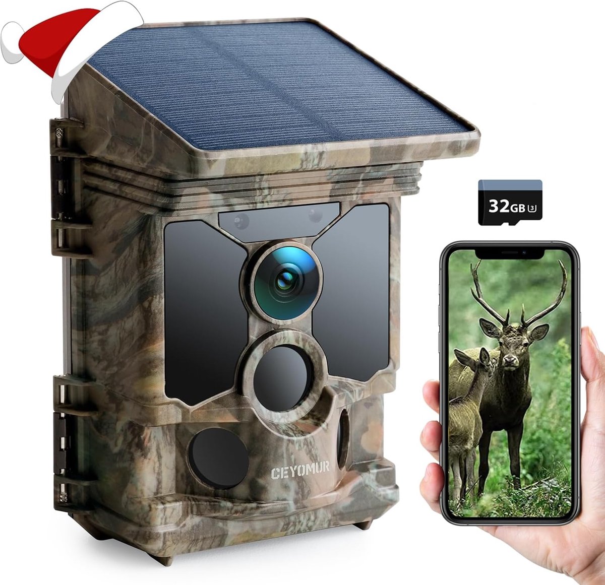 SnelShoppen - 4K Trail Camera met WiFi & Bluetooth, 68MP Natuurcamera, 120° Detectiehoek, Nachtzicht, IP66 Waterdicht, 5200mAh Accu, Inclusief 32GB Mi