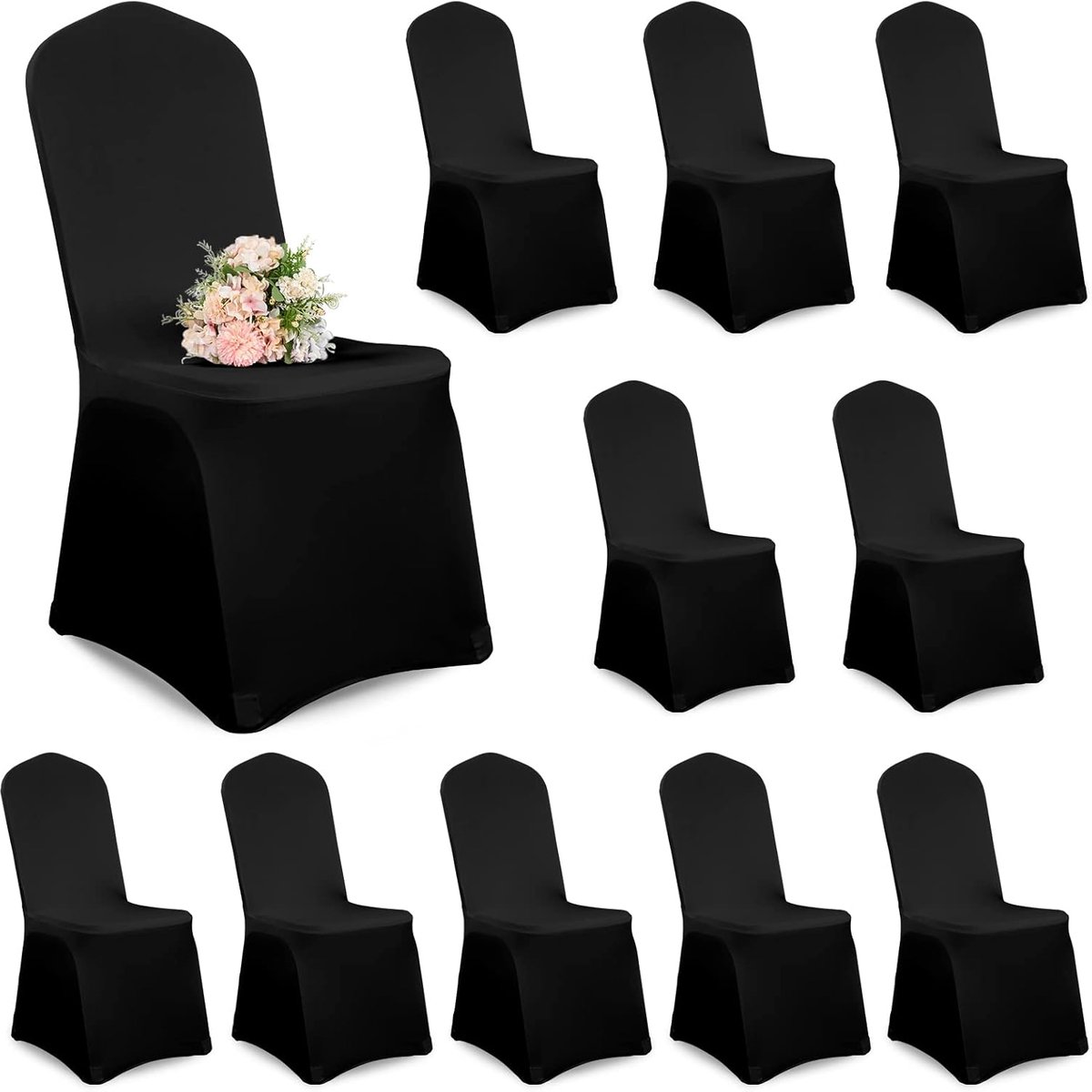 SnelShoppen - Set van 10 Zwarte Stoelcovers Spandex Lycra Stretch Universeel Wasbaar voor Bruiloft, Feest, Evenementen - Duurzaam en Kreukvrij