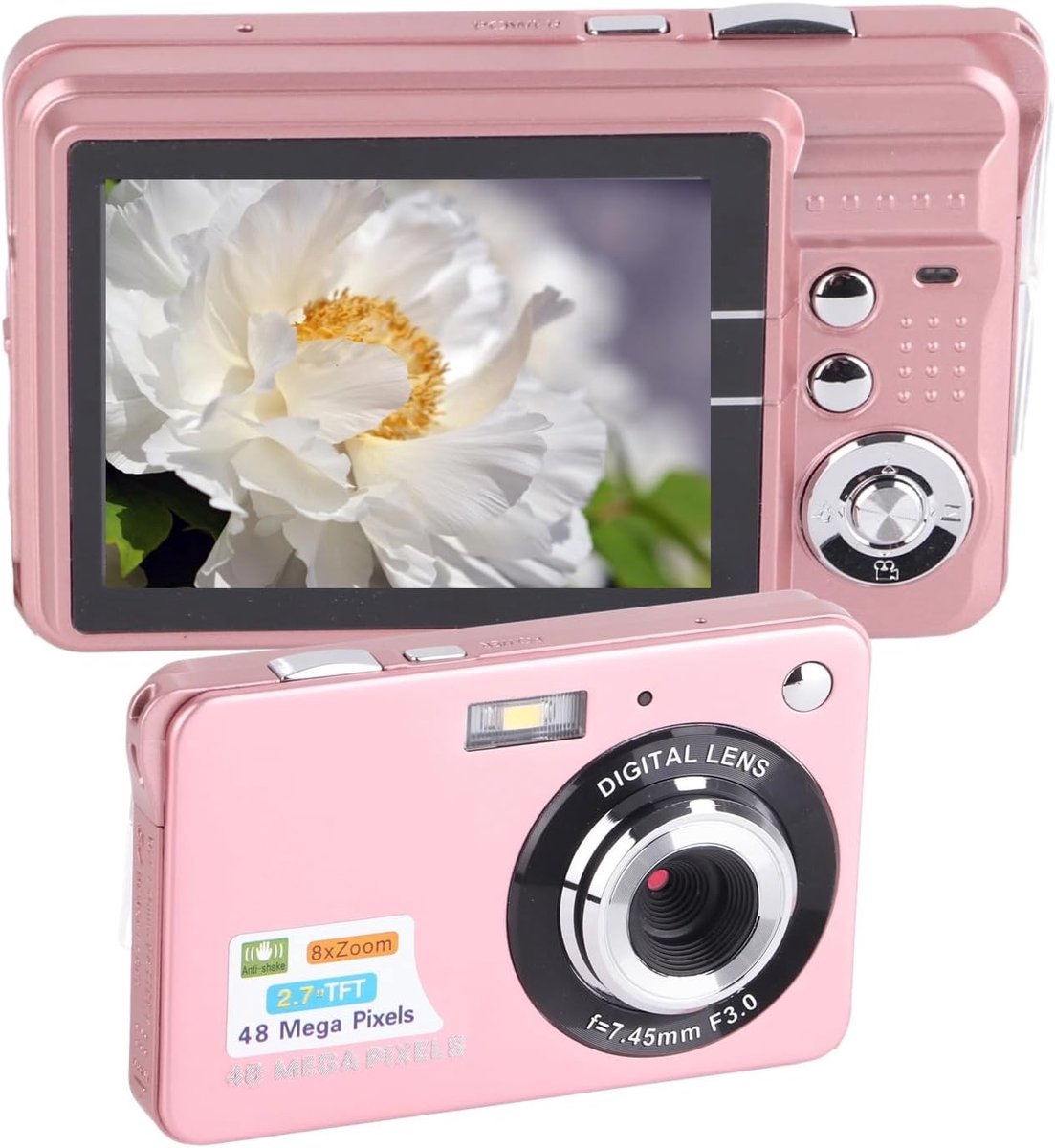 SnelShoppen - Digitale Camera voor Tieners, 4K 48MP Ultra HD Compacte Camera met 8x Zoom, 2.7" LCD Scherm, Oplaadbare Vlog Camera in Roze voor Student