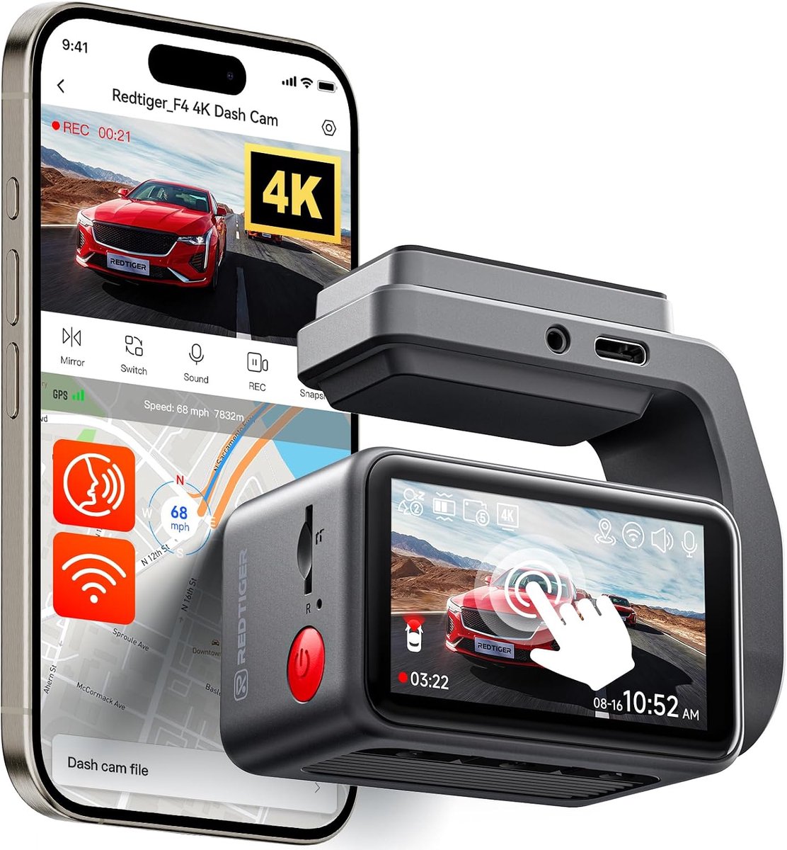 SnelShoppen - 4K Dash Cam Auto Camera met 2.2 inch Touch Screen, Nachtzicht, GPS, WiFi, 32GB Kaart, 24U Monitor en Spraakbesturing