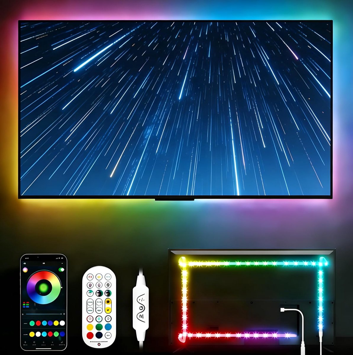 SnelShoppen - LED Strip voor TV 5m RGBIC Kleurveranderende Achtergrondverlichting voor 55-85 Inch TV en Monitor, USB Aangesloten, Muziek Sync, App Bed