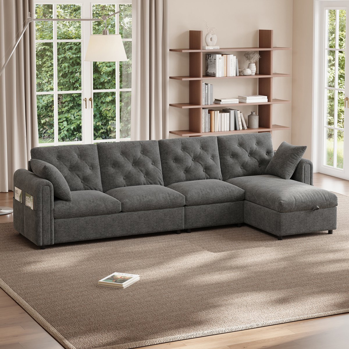 Sofa - L-vormig fluwelen 4-zits met opbergruimte, links/rechts verplaatsbaar, magazinetassen & knoopsteek - 281 x 132 x 86 cm - Grijs
