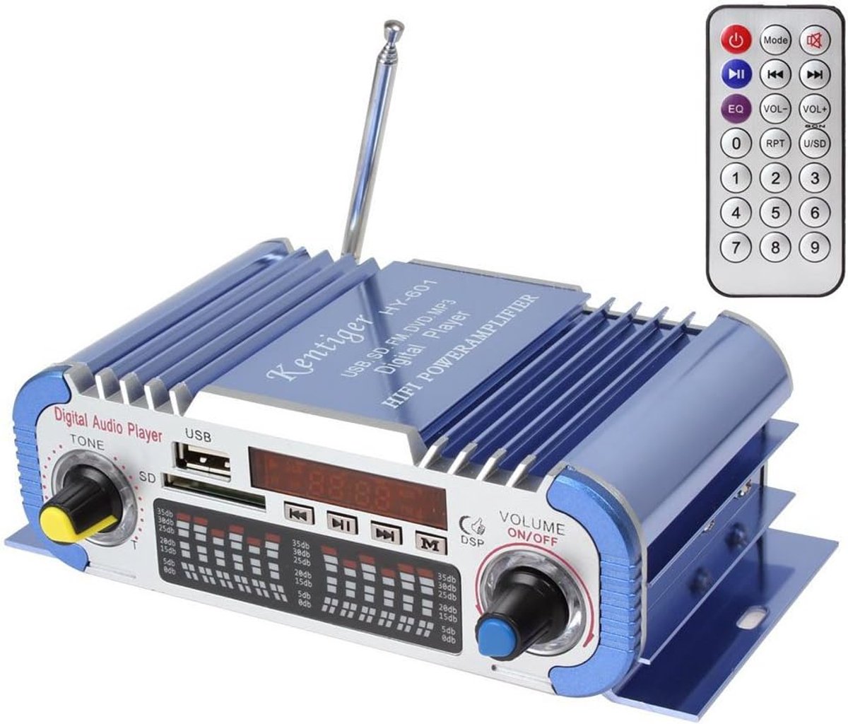 SnelShoppen - Hi-Fi Mini Digital Stereo Power Amplifier 2 Kanalen voor Auto Motor Boot - USB/FM/SD Ondersteuning - 12V Ingang - Blauw