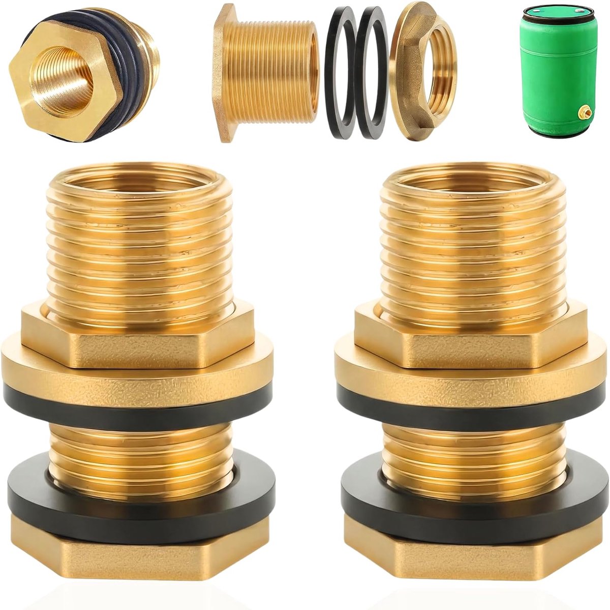 SnelShoppen - 2 Stuks Regenwaterafvoer Messing Aansluiting G3/8" x G1/2" met Rubber Seals voor Vaten, Tanks, Regenton, Tuin, Camping