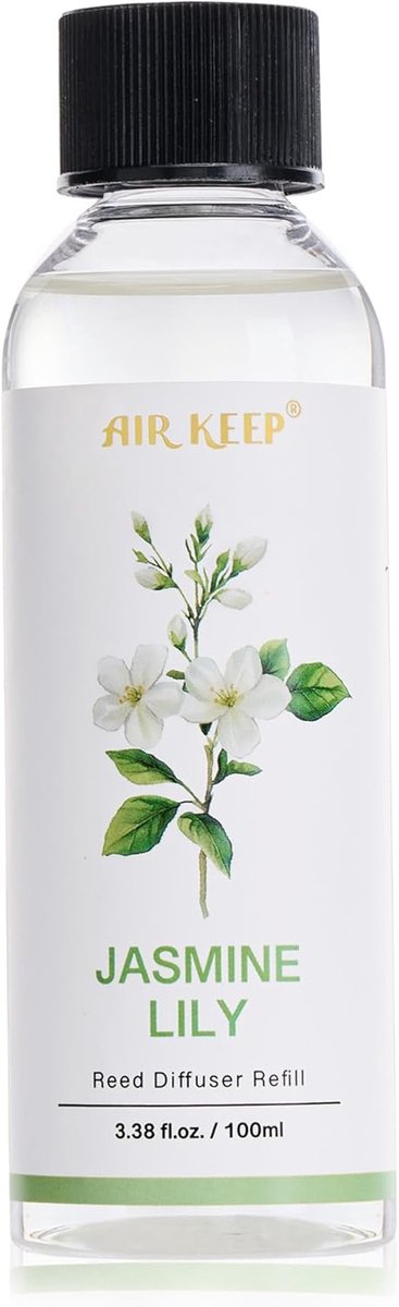 SnelShoppen - Airkeep Refill Aroma Diffuser 100ml met Geurstokjes - Langdurige Geur tot 90 Dagen - Jasmijn Lelie - Voor Woonkamer, Badkamer, Keuken, S