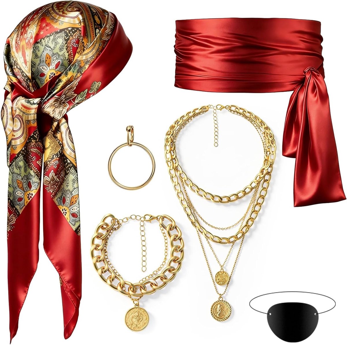 Piratenkostuum voor vrouwen met accessoires zoals hoofddoek, ooglap, oorbellen, ketting en armband voor Halloween en carnaval