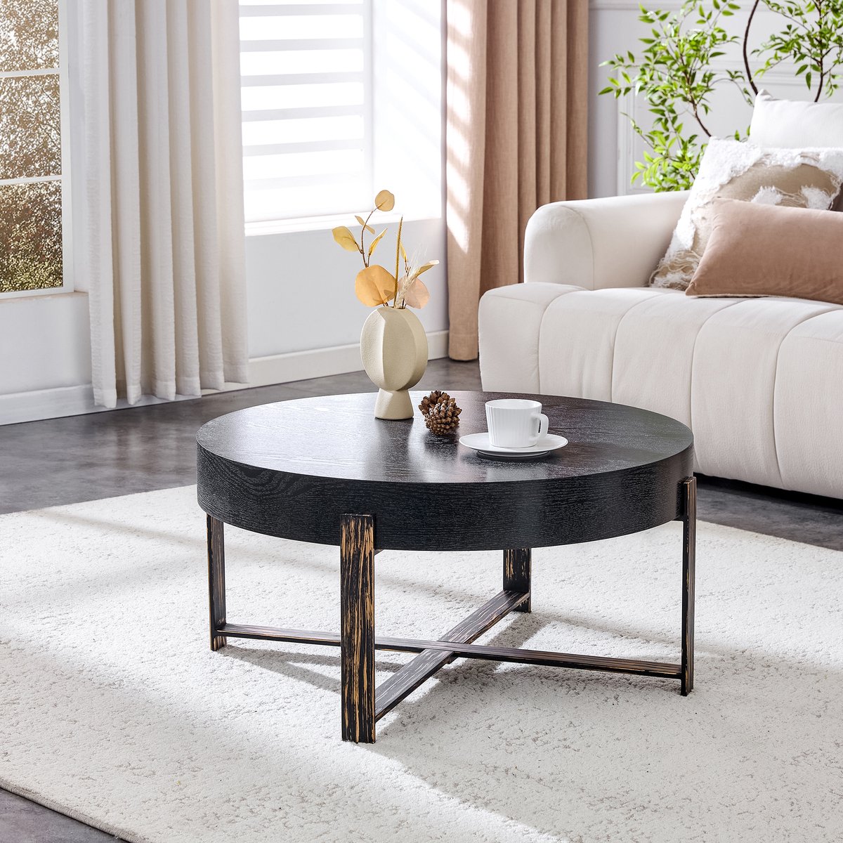 HAUSS SPOLE Salontafel - Ronde Tafel Met Houtnerf Blad En Kruisframe - Voor Woonkamer En Balkon - MDF En Metaal - 68x68x36 Cm - Zwart