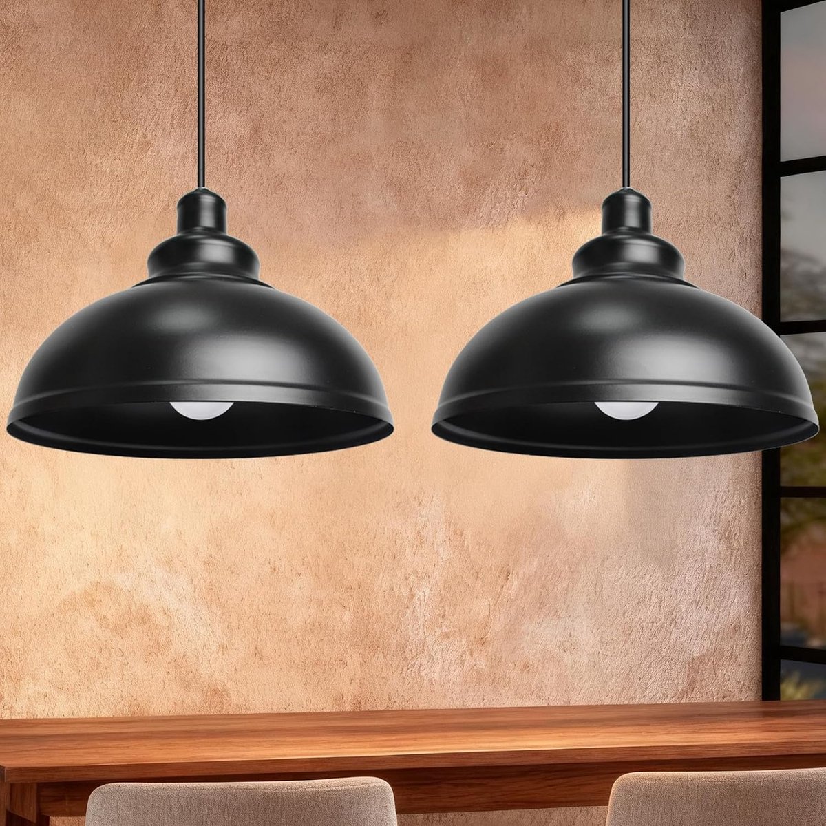 SnelShoppen - 2x Retro E27 Hanglamp Zwart Industrieel Ø29cm Vintage Metaal Pendel Lamp voor Keuken, Restaurant, Café, Bar, Woonkamer