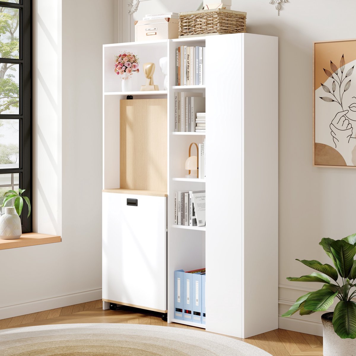 HAUSS SPOLE Bureau - Inklapbaar 2 In 1 Ontwerp Met Opbergrek En Stopcontact - Voor Homeoffice En Kleine Ruimtes - MDF - 104,5x30,5x160 Cm - Wit Eiken
