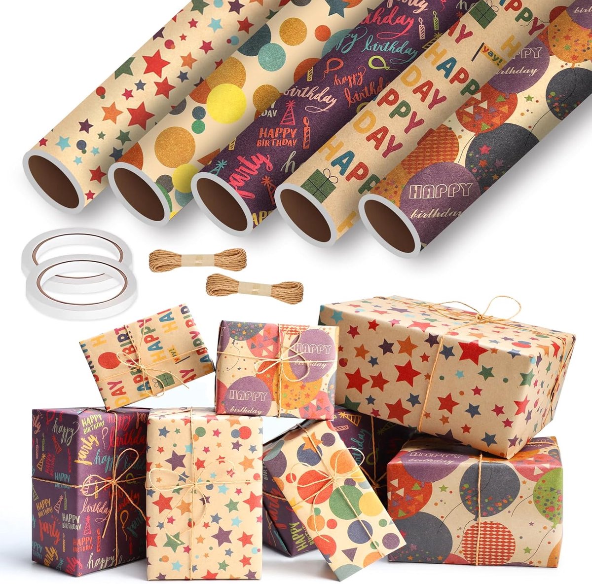 SnelShoppen - Verjaardagscadeau Inpakpapier 5 Rollen Kraftpapier voor Kinderen met Touw en Dubbelzijdige Plakband, 43 cm x 300 cm, Feestelijk Cadeau P