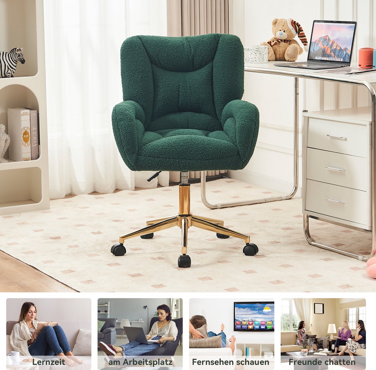 COVREO Bureaustoel 64 x 62 x 92,5 cm - hoogteverstelbaar, draaibaar, pluche stof, groen