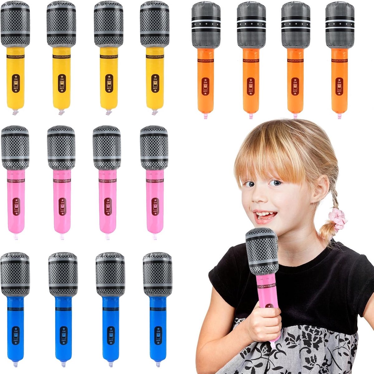 SnelShoppen - Set van 16 Opblaasbare Microfoons in Levendige Kleuren - Perfect voor 80s/90s Feesten, Concerten en Retro Decoratie - 25 cm lang