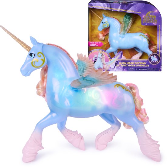 Blauwe Glow Magic Skywind eenhoorn met roze manen en staart, gouden hoorn en glinsterende vleugels.
