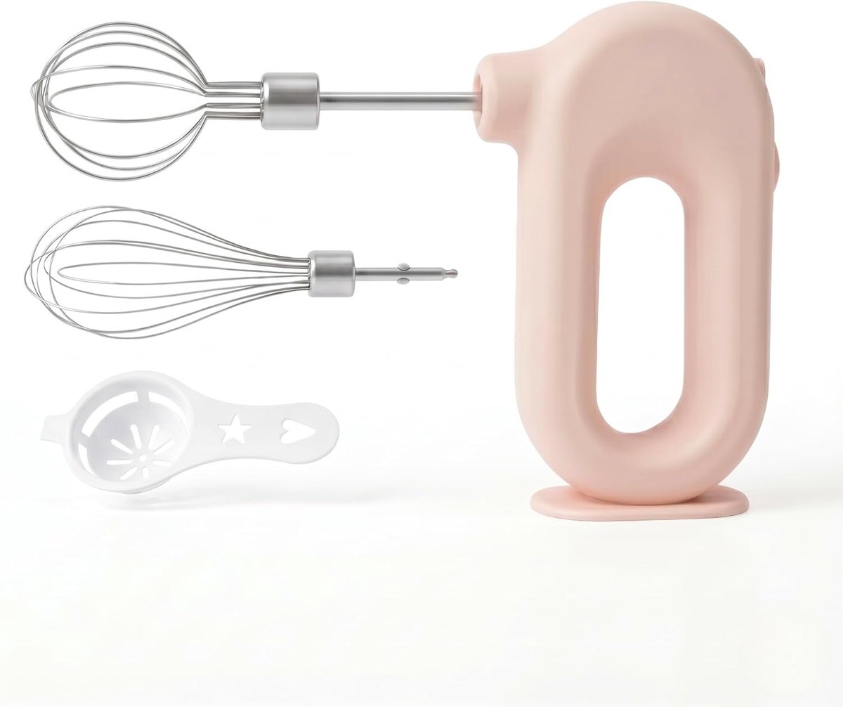 KZQ Handmixer - Oplaadbare draadloze blender, 4 snelheidsstanden, 2 mengkoppen - Compact en lichtgewicht, perfect voor in de keuken, bij het bakken en koken - Roze, USB-oplaadbaar, staand model
