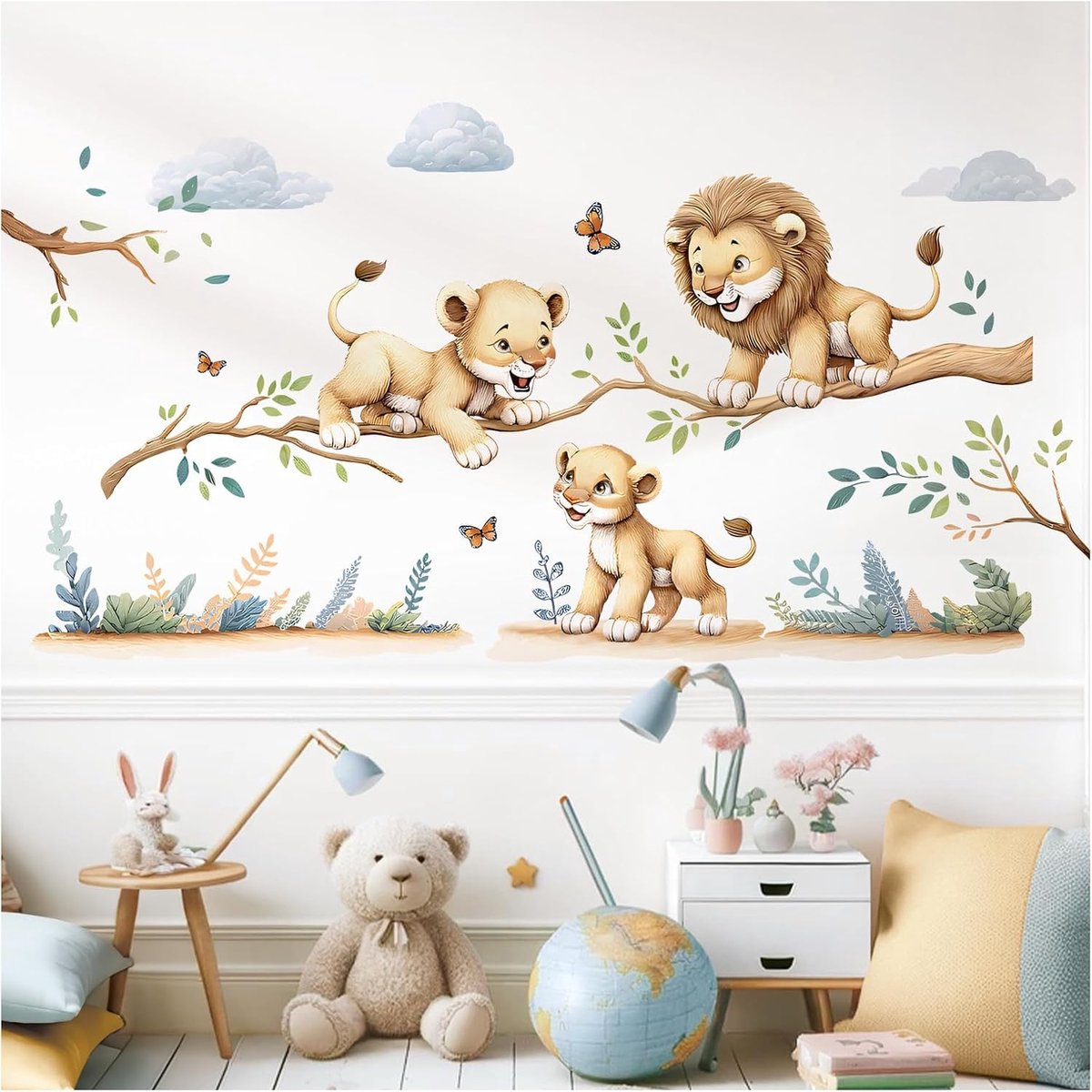 SnelShoppen - Wandsticker Dschungeldieren Leeuwen - Zelfklevend Muurdecoratie - Premium Kwaliteit - 115x57 cm - Kinderen - Jungle Thema - Speelse Inte