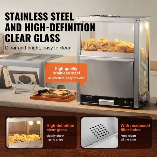 Nacho Warmer - Professionele Chipswarmer - 230V - 200W - 84.5QT - Nacho Machine Deflection Board - Roestvrij staal - Zilver — afbeelding 3