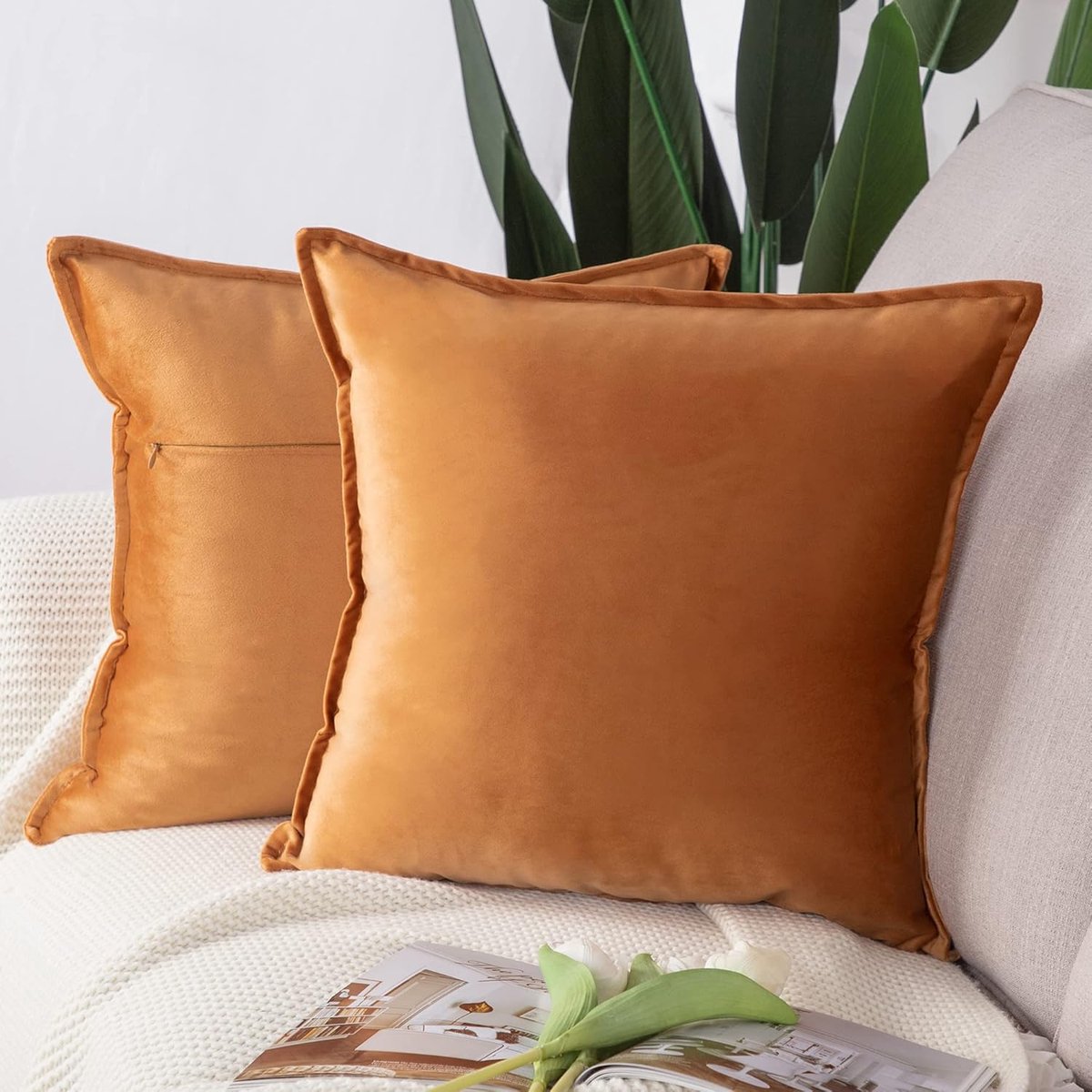 SnelShoppen - Set van 2 Super Zachte Velvet Decoratieve Kussenhoezen met Fringe Luxe Stijl 45x45cm Oranje voor Bank en Slaapkamer
