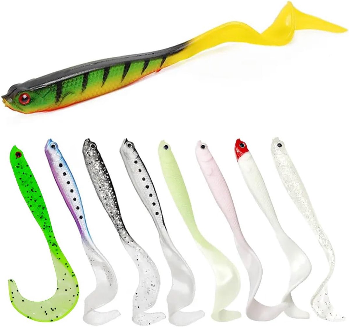 SnelShoppen - 8pcs Rubber Vissen voor Snoek en Snoekbaars met Twister Tail 12cm 6G, Inclusief Haakzakken voor Offset Haak en Standaard Jigkoppen, Idea