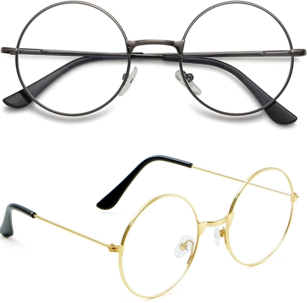 Set van 2 Ronde Unisex Brillen met Transparante Lensen, Retro Jaren '60 Stijl, Vintage Decoratieve Accessoires voor Kostuums en Feestjes