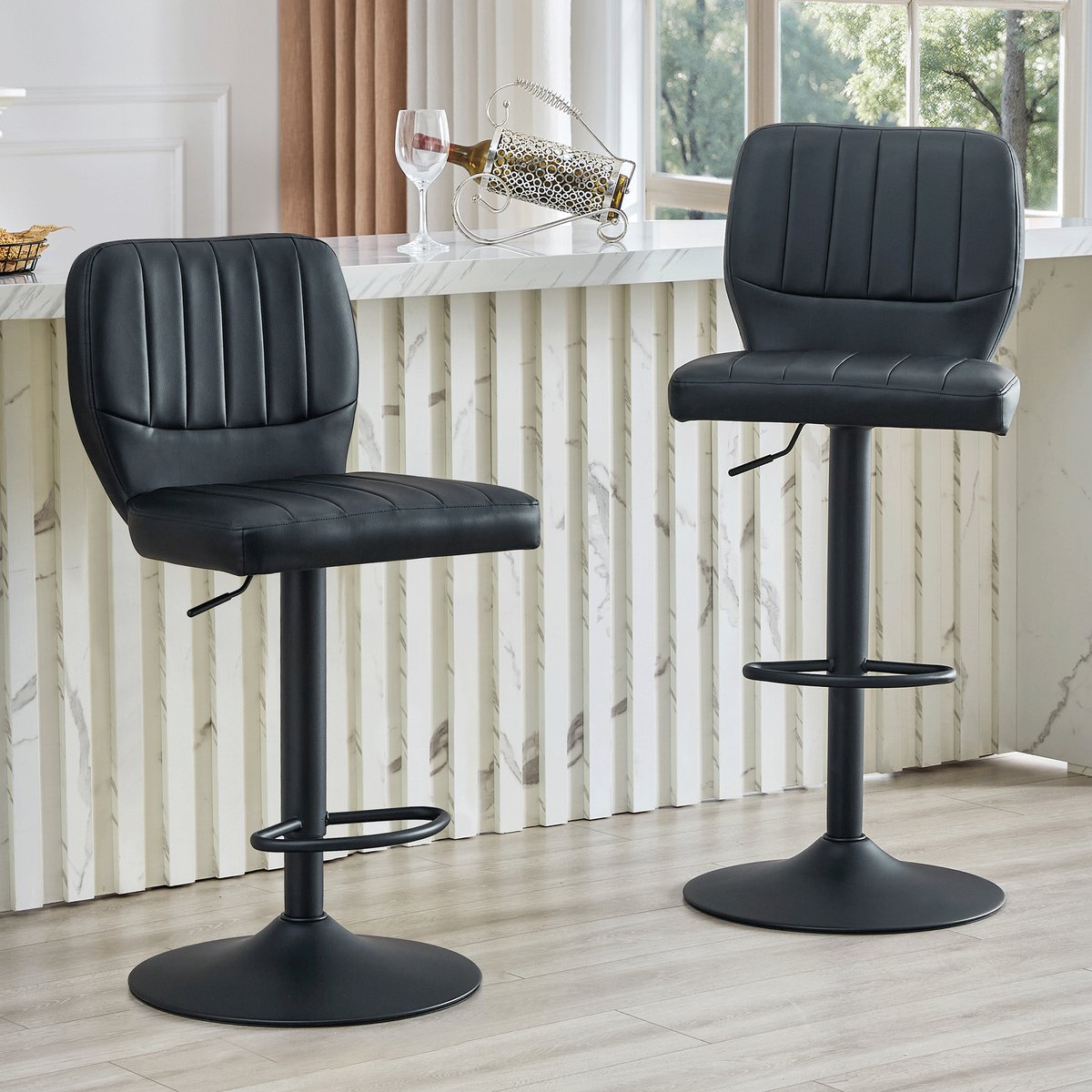 MODENUIT Barkruk - Set Van 2 - 62-83 cm Verstelbaar & 360° Draaibaar - Met Rugleuning - Kunstleer Zwart
