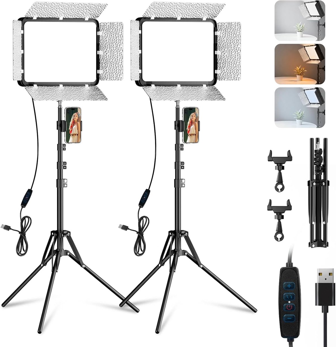 SnelShoppen - Video Light Set 2 Stuks met Statief, Dimbare LED Lamp 15W, 2800K-7000K, Ideaal voor Live Streaming, YouTube, Vloggen, Make-up, 25x20cm