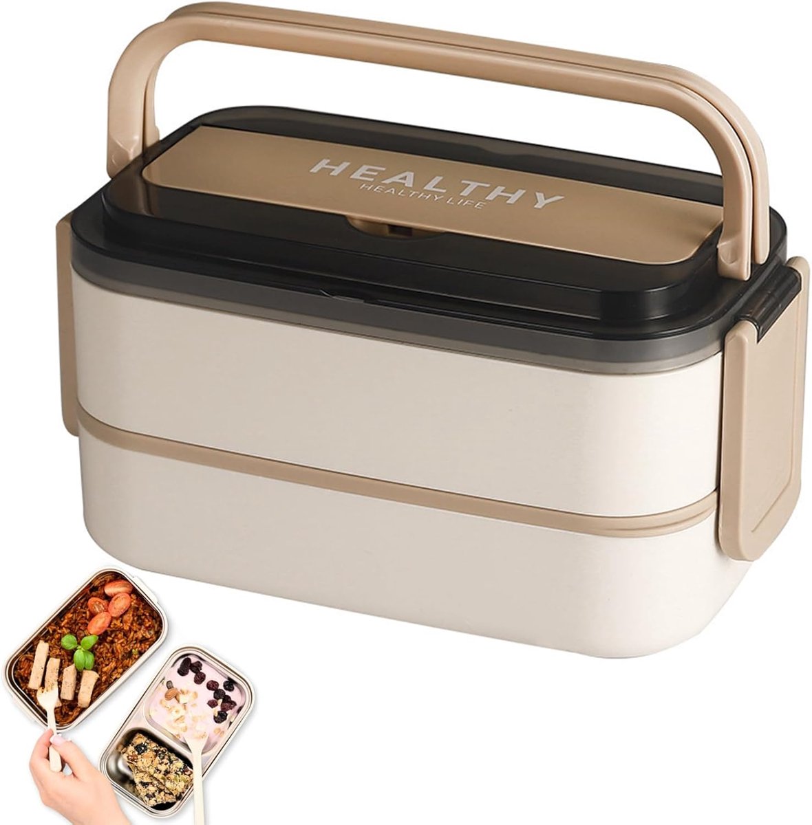 SnelShoppen - Bento Lunch Box 1400 ml - Lekvrije Lunchbox met RVS 304 Compartimenten, Ideaal voor Kantoor/School (Beige), Met Bestek, Gezond en Prakti