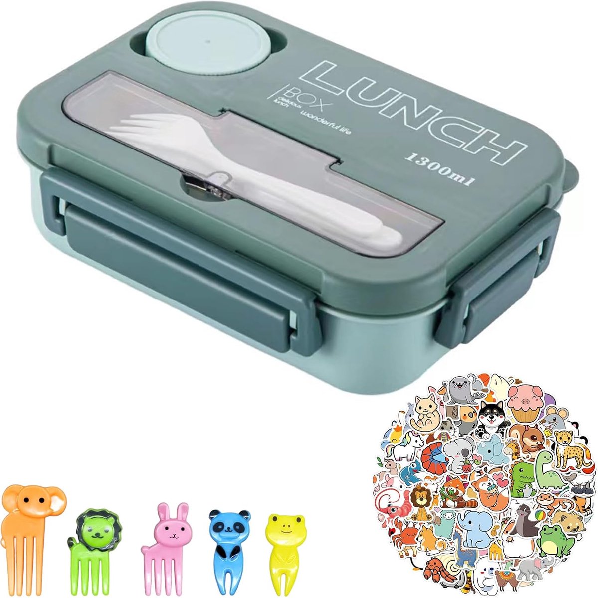 SnelShoppen - Kinderen Lunchbox Waterdicht 1300 ml met 4 Compartmenten, Bestek en Dier Stickers, Veilig voor Magnetron, Ideaal voor School en Uitstapj