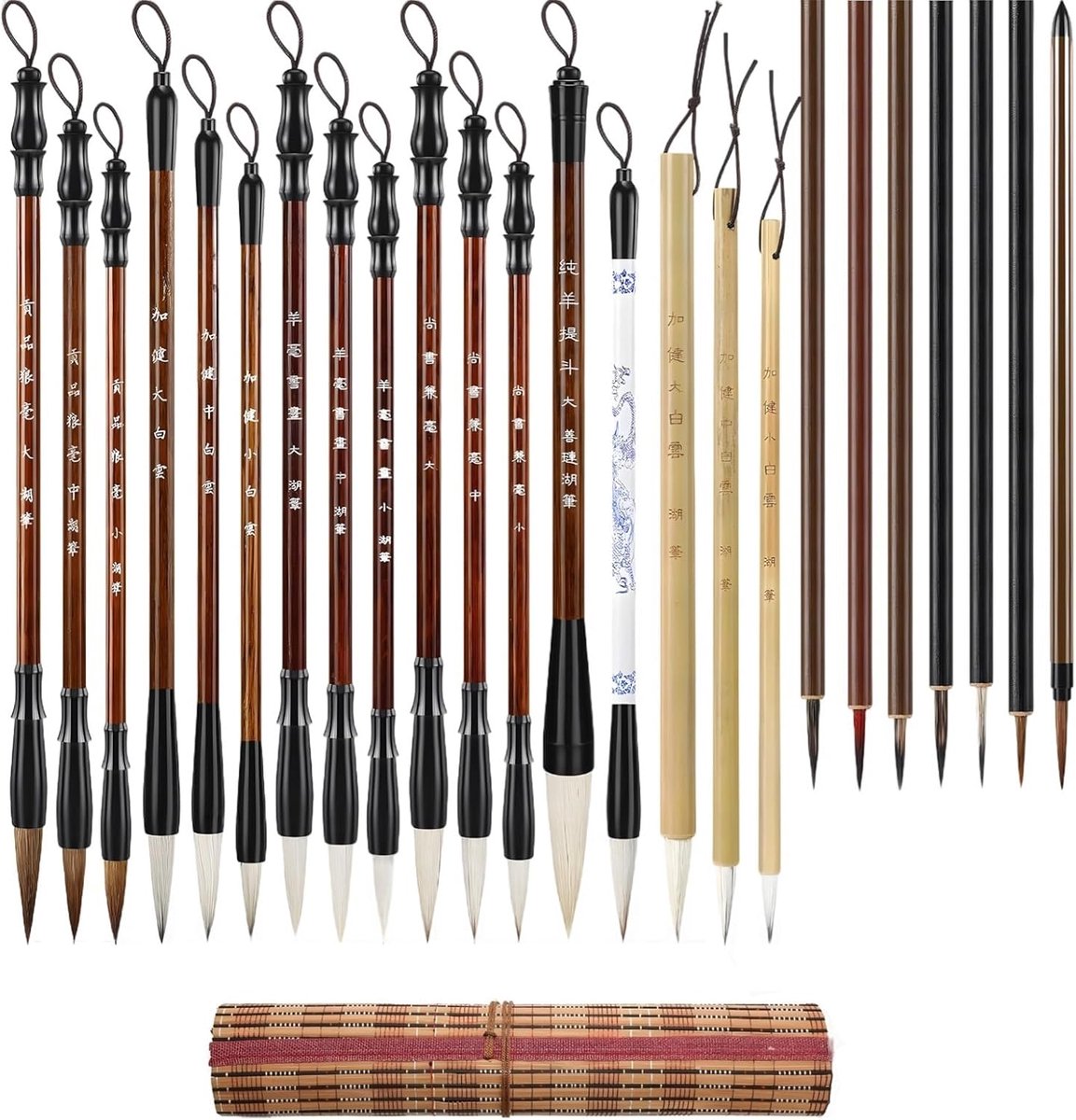 SnelShoppen - Set van 24 Chinese Calligraphy Pens met Bamboe en Houten Handvatten, Zachte Geitenharen en Gemengde Tips voor Schilderen, Waterverf en S