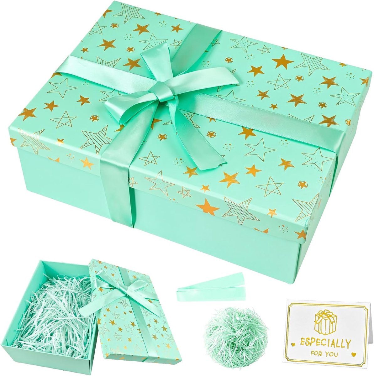 SnelShoppen - Geschenkdoos met deksel 25x18x8.5cm, Opvouwbare Cadeaudoos met Linten en Wenskaarten, Perfect voor Verjaardag, Kerst, Valentijnsdag, Ges