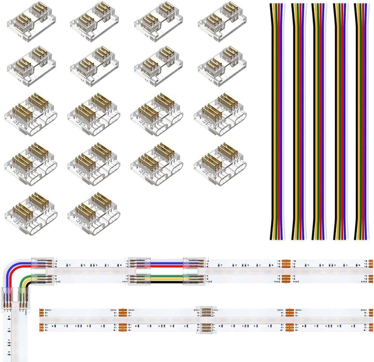 SnelShoppen - 6 Pin FCOB RGBCCT Connector Kit - 18 Transparante Connectoren + 5x 15cm 24AWG Verlengkabel - Voor Split-Vrije Soldering van LED Strips t