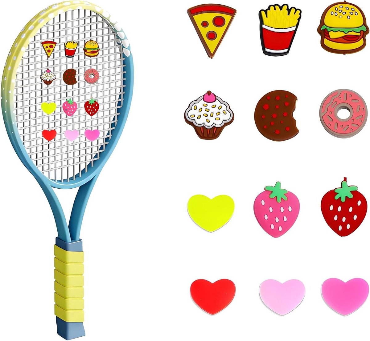 Tennistrillingsdemperset met 12 kleurrijke motieven zoals hamburger, pizza en cupcake voor optimale racketcontrole en comfort