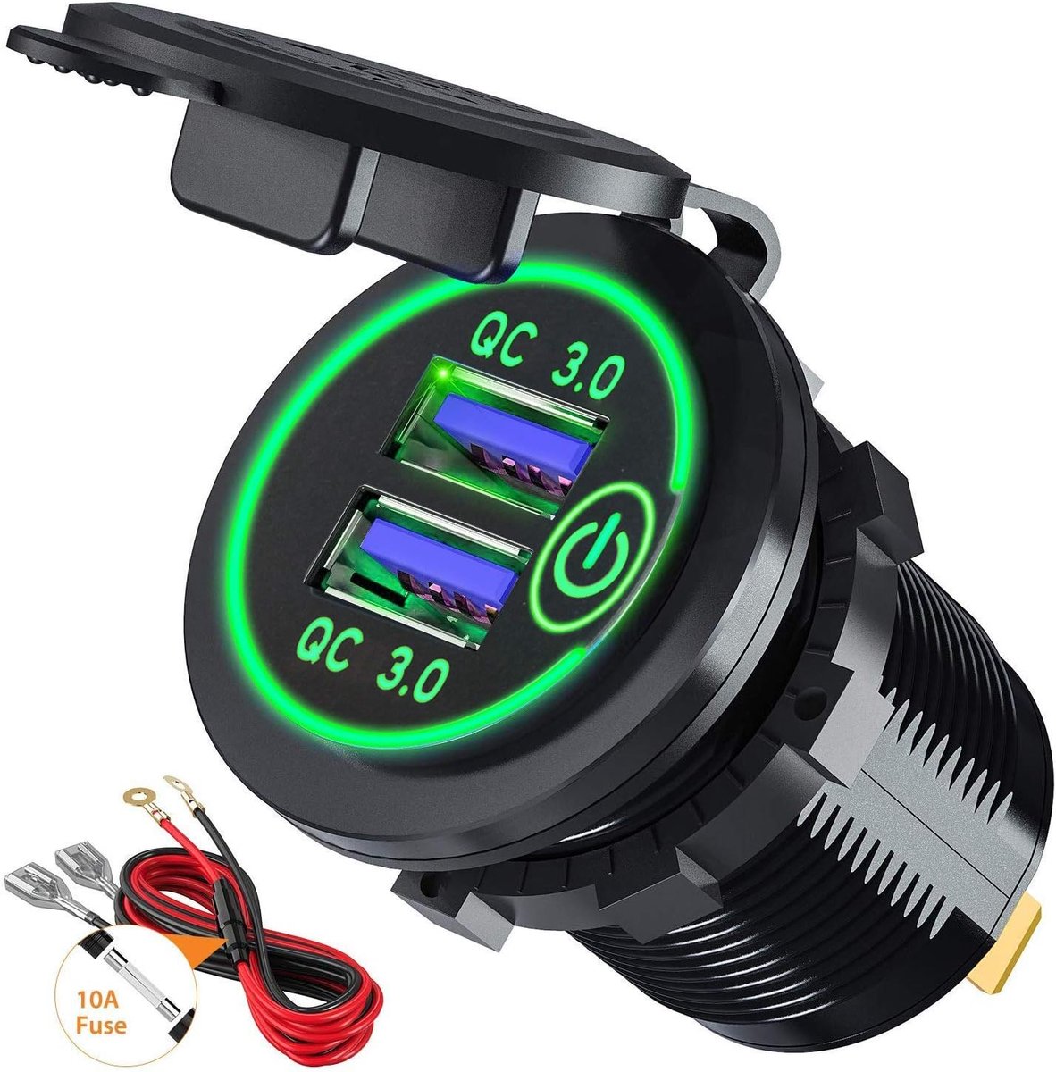 SnelShoppen - QC3.0 Dual USB Oplaadsocket voor Auto met Touch Switch, 12V/24V, 36W, 2-Port USB Batterijlader, Waterdicht, LED Display (Groen)