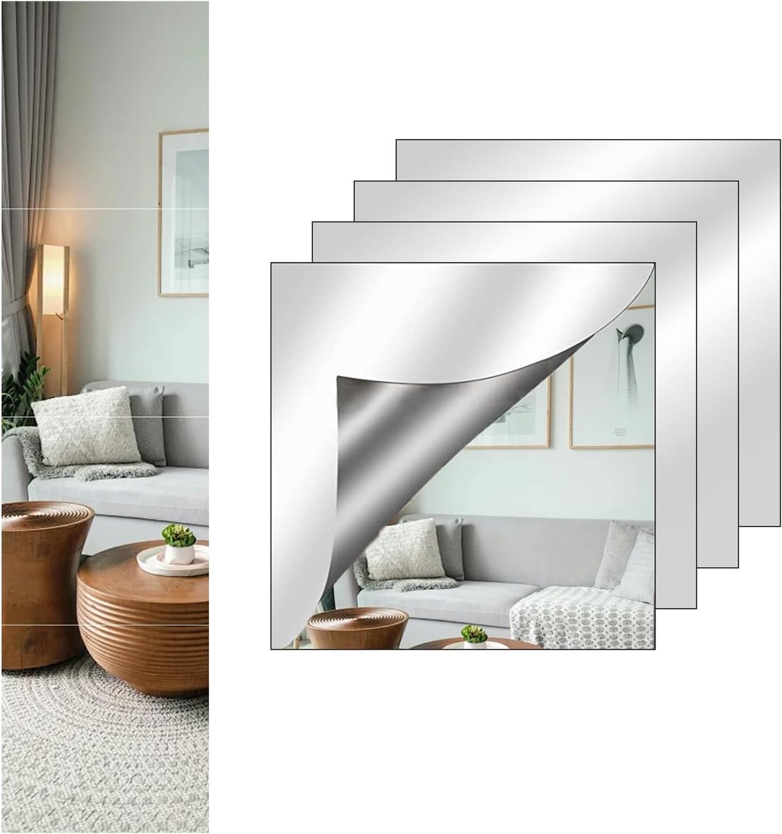 SnelShoppen - Pack van 4 Zelfklevende Spiegelfolie 30 x 30 cm Acryl Spiegels 2 mm Dikte voor Wanddecoratie in Woonkamer, Badkamer, Slaapkamer